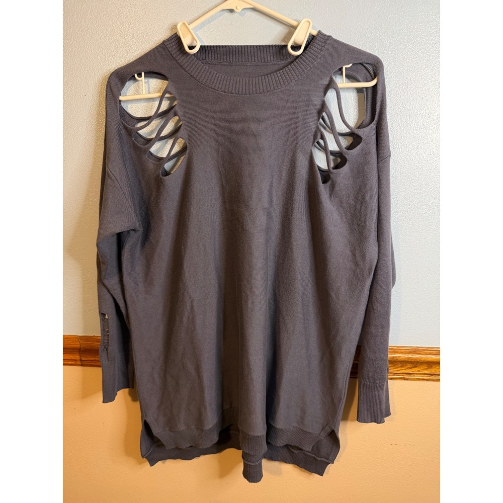 Planet by Lauren G Gray Pima Cotton Modal Distressed Cut Out Oversized Sweater